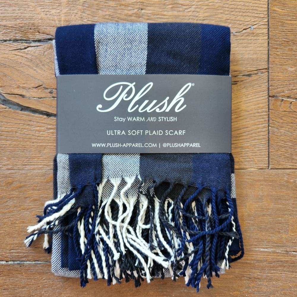 Plush Ultra Soft Plaid Scarf NEW Navy/Charcoal White